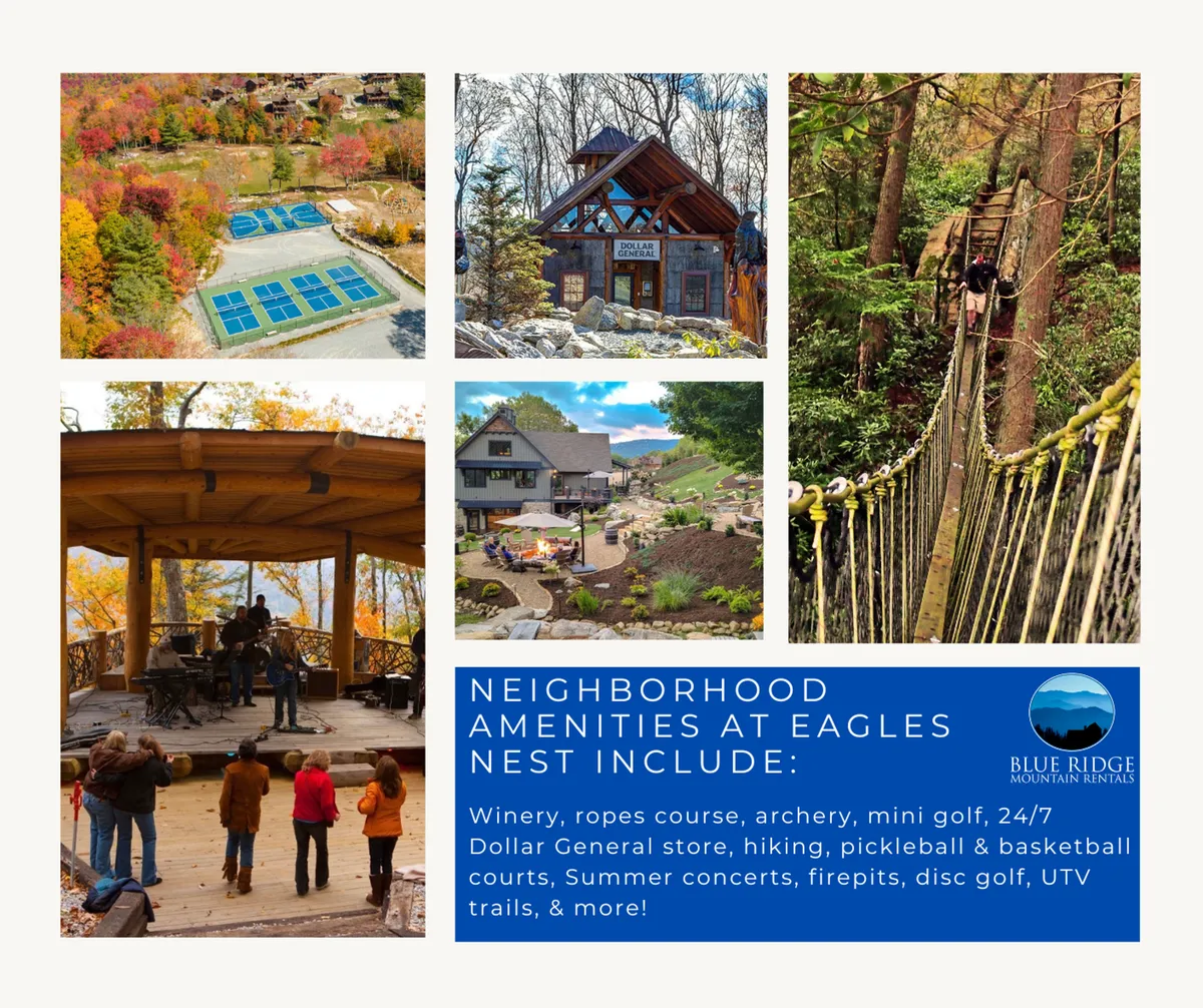 A vibrant community scene set outdoors, featuring a ropes course, a picnic area dotted with families and friends, basketball courts, and a lively mini golf setup. In the distance, groups of people are engaged in hiking and enjoying an outdoor concert surrounded by lush mountain greenery and open skies.